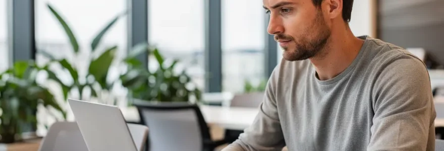 Freelance consultant européen travaillant sur simulation crédit immobilier dans espace coworking lumineux