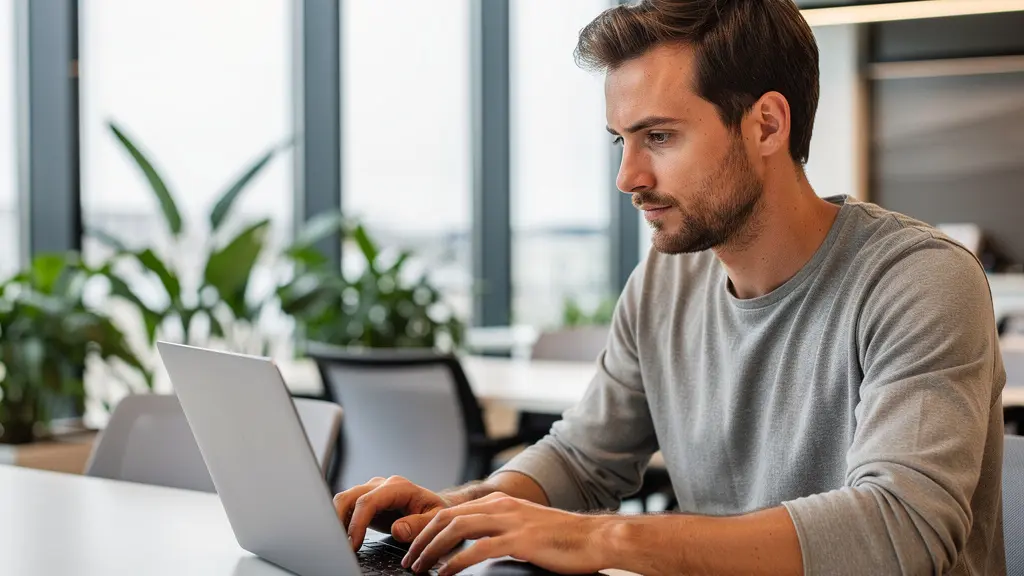 Freelance consultant européen travaillant sur simulation crédit immobilier dans espace coworking lumineux