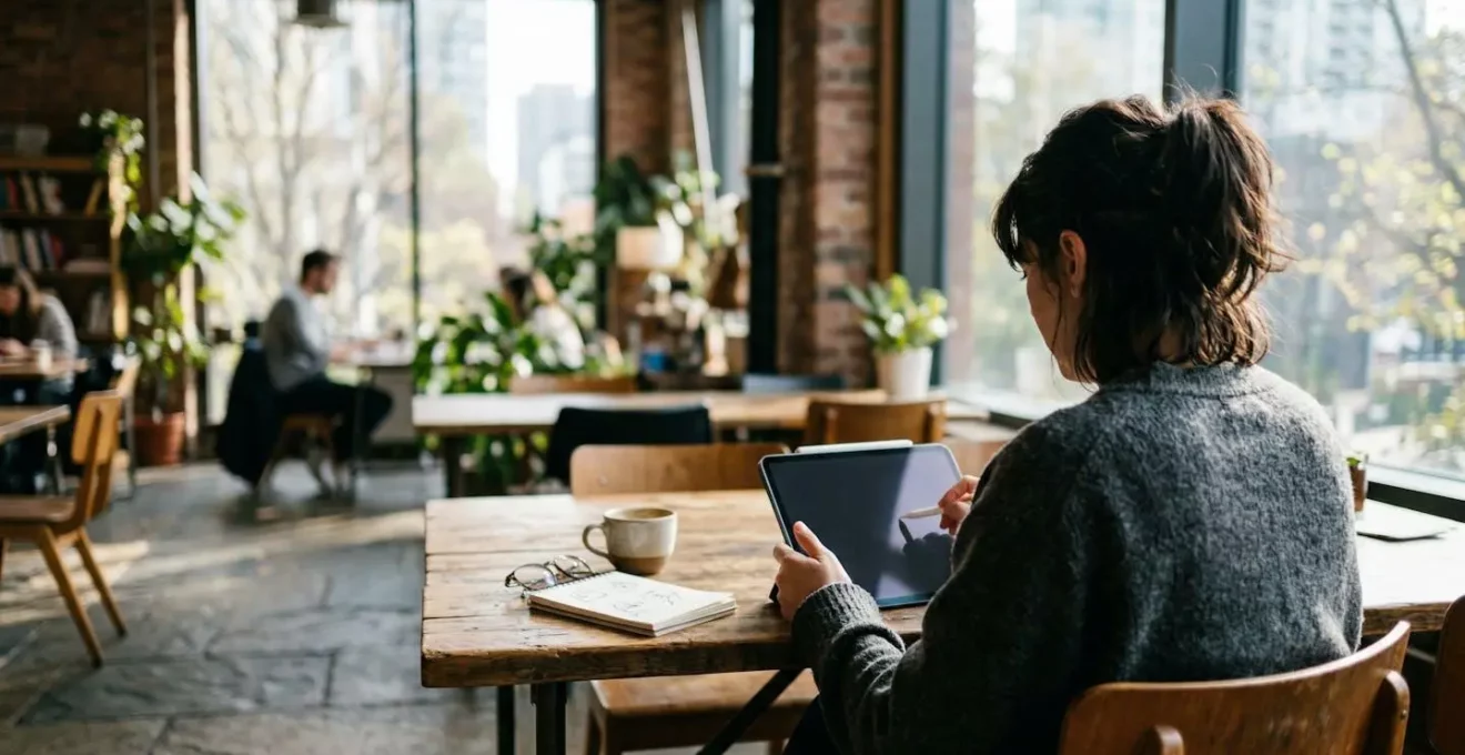 Un freelance concentré travaille sur sa tablette dans un espace de coworking lumineux aux grandes fenêtres