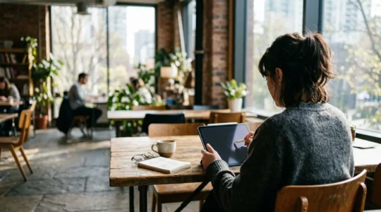 Un freelance concentré travaille sur sa tablette dans un espace de coworking lumineux aux grandes fenêtres