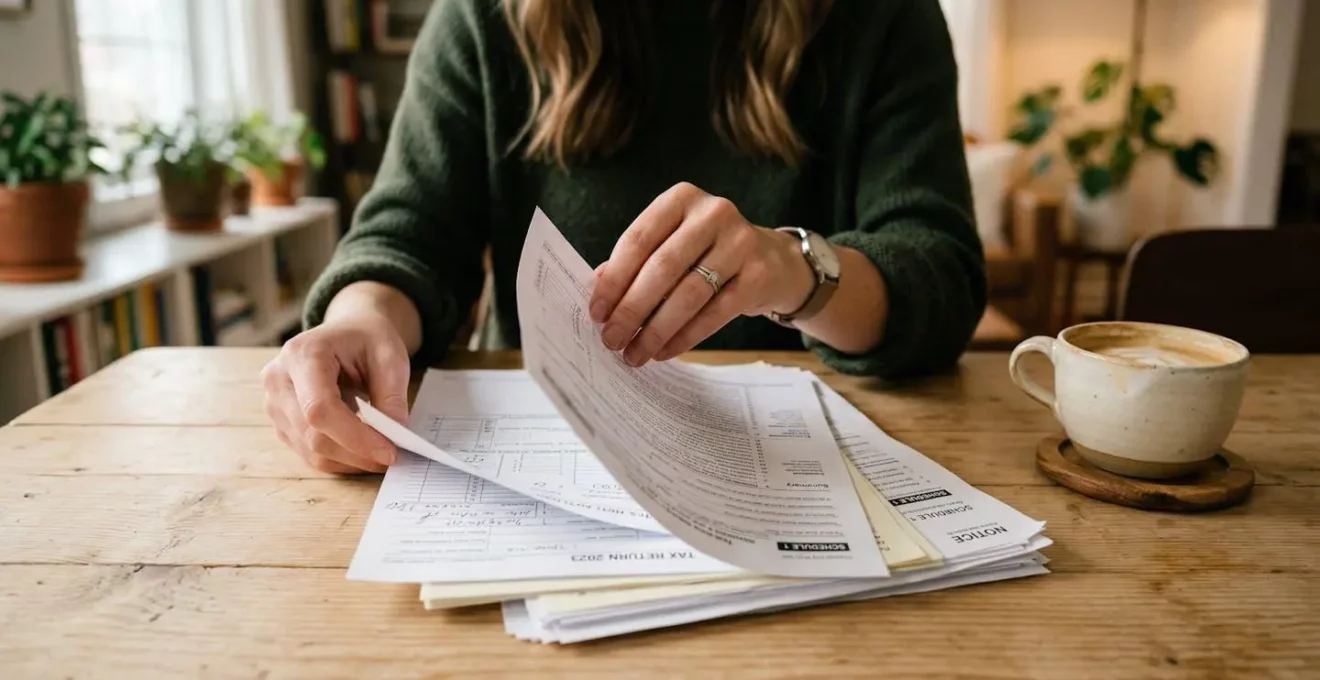 Des mains feuilletent des documents administratifs sur un bureau en bois clair, avec une tasse de café à proximité