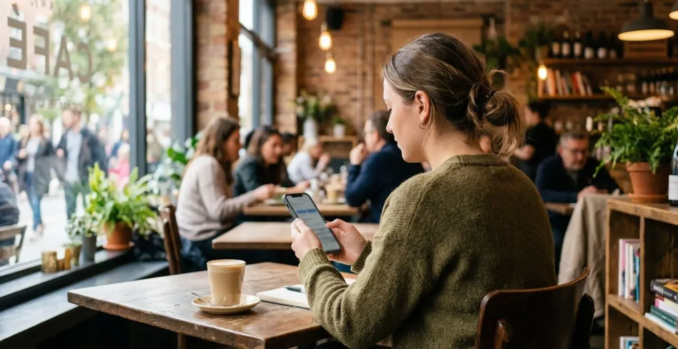 Une personne consulte son téléphone dans un café moderne à l'ambiance chaleureuse et urbaine