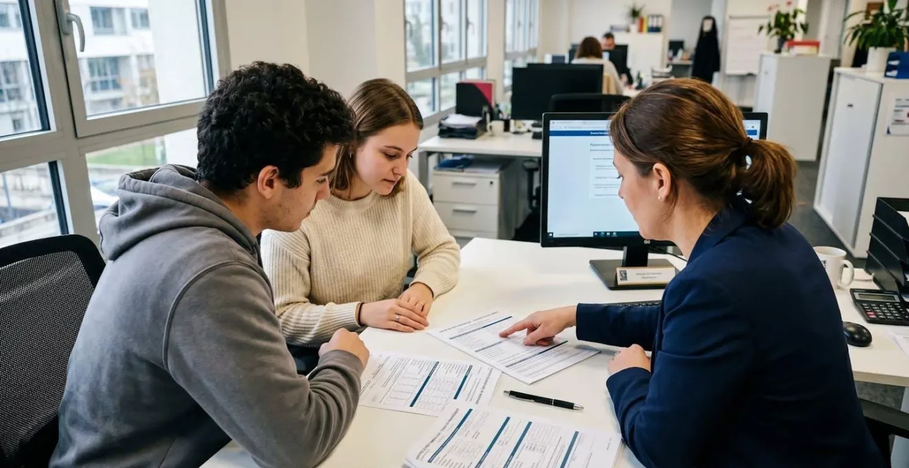 Un couple de trentenaires vu de dos consulte des documents avec un conseiller bancaire dans un bureau lumineux moderne