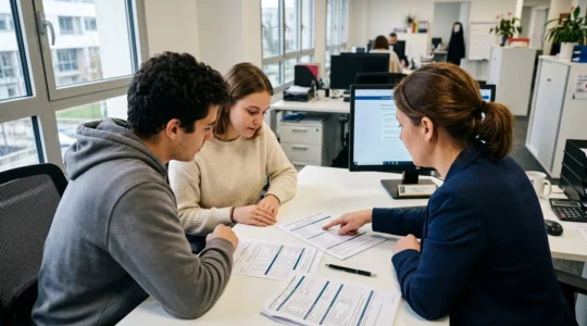 Un couple de trentenaires vu de dos consulte des documents avec un conseiller bancaire dans un bureau lumineux moderne