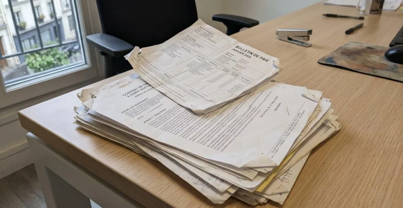 Vue en gros plan d'une pile de documents officiels français posés sur un bureau moderne avec un éclairage naturel