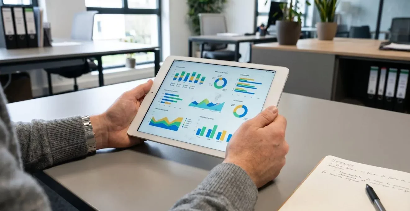 Gros plan sur les mains d'une personne consultant des graphiques financiers sur une tablette posée sur un bureau moderne